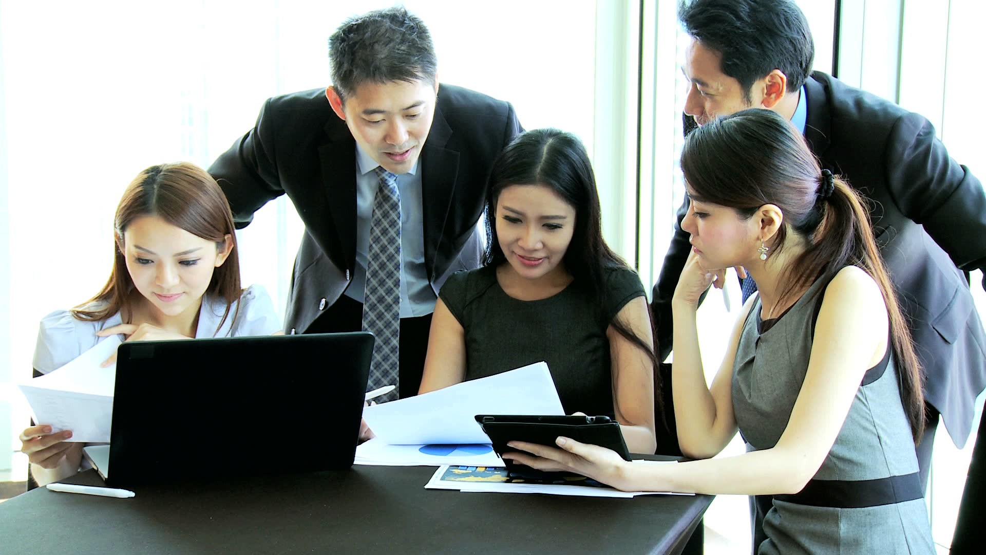 stock footage female business team leader group male female asian chinese corporate management colleagues meeting