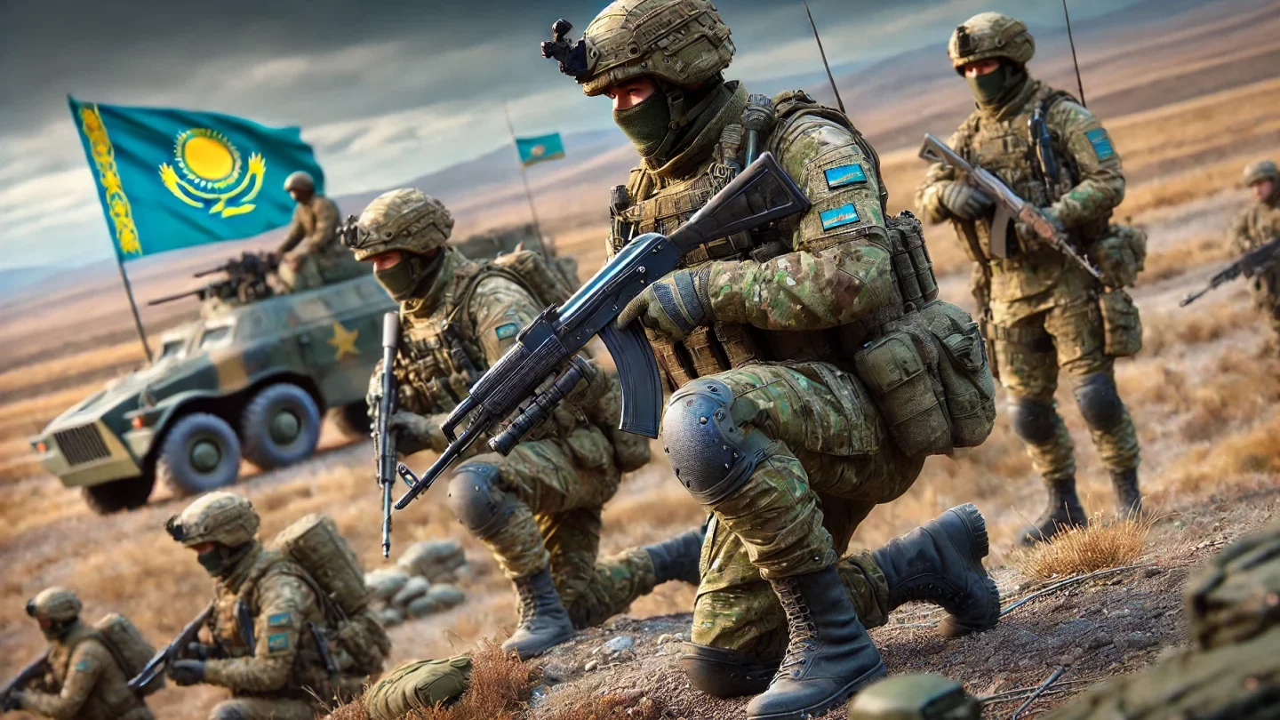 dalle 2024 07 12 16 01 37 realistic depiction of kazakh soldiers on the front lines the soldiers are in modern military gear positioned in a defensive stance the background